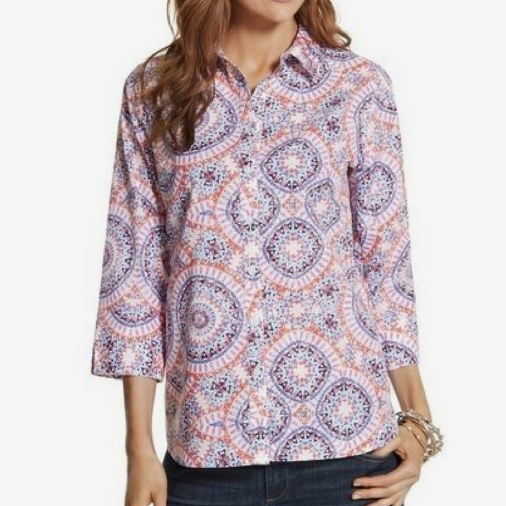 Chicos No Iron Effortless Danise Sunburst Button Down Pink Blue Shirt Top Size M